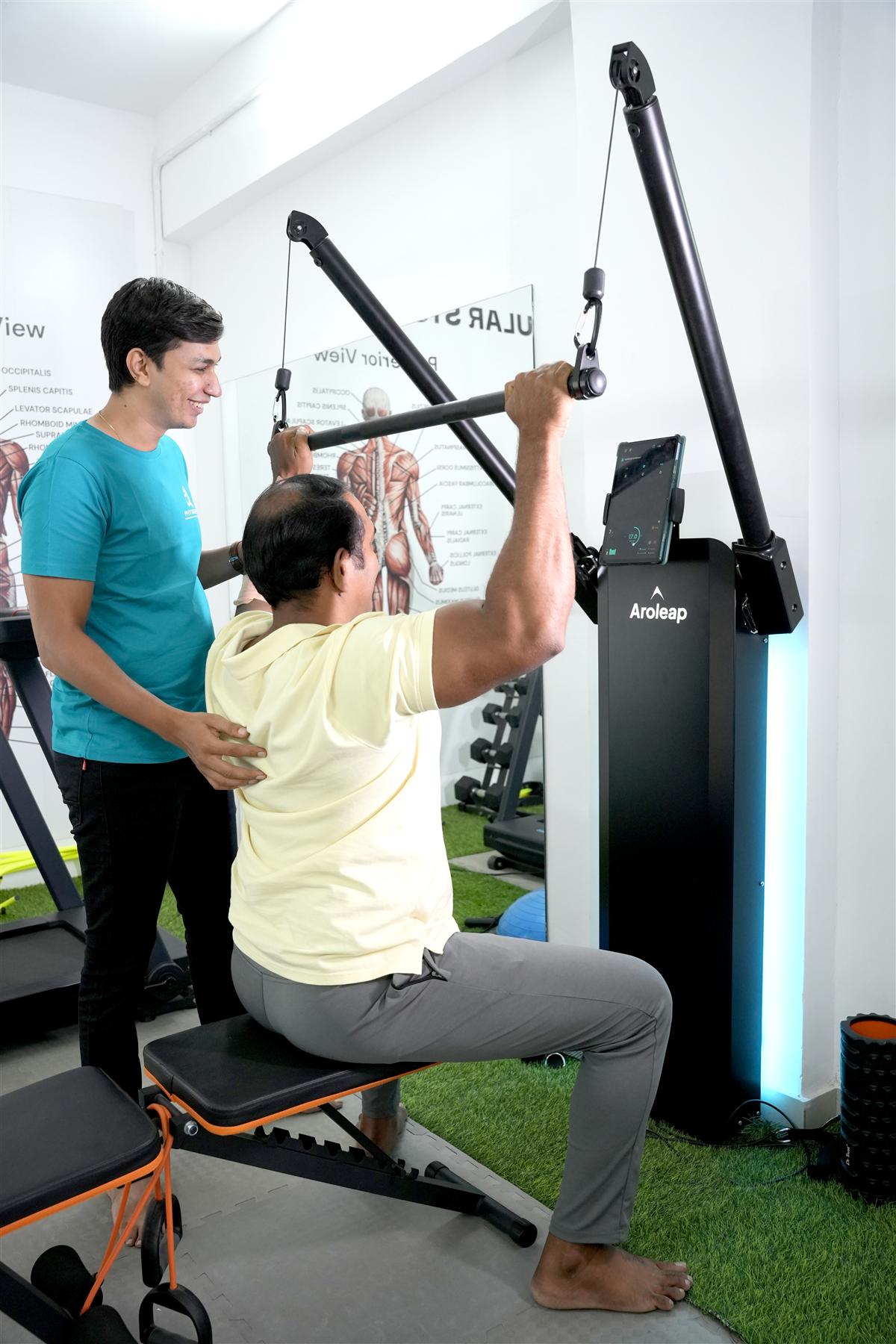 Patient training on the Aeroleap advanced exercise equipment at the PhysioShine rehabilitation centre